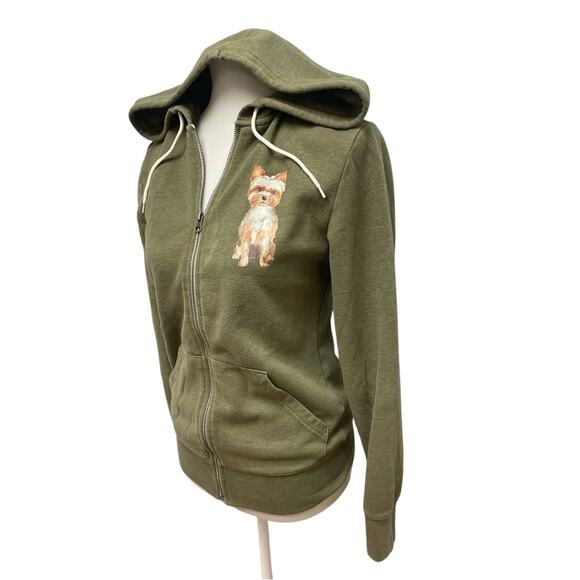 Hand Printed XS Upcycled Yorkshire Terrier Yorkie Dog Long Sleeve Zip Hoodie - Picture 1 of 6